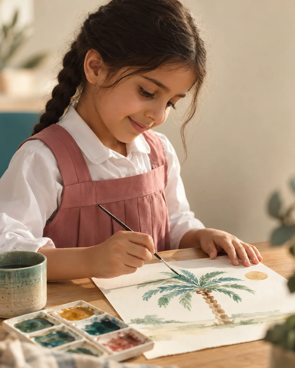 صورة تعبيرية مولّدة لطفلة ترسم نخلة بالألوان المائية.